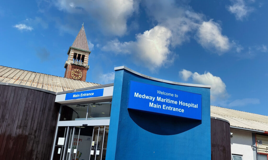 Medway Maritime Hospital main entrance with blue sky behind