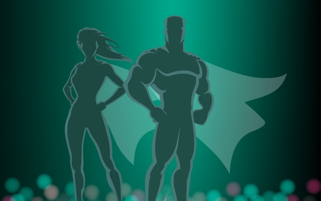 Two superhero figures stand together on a green background.